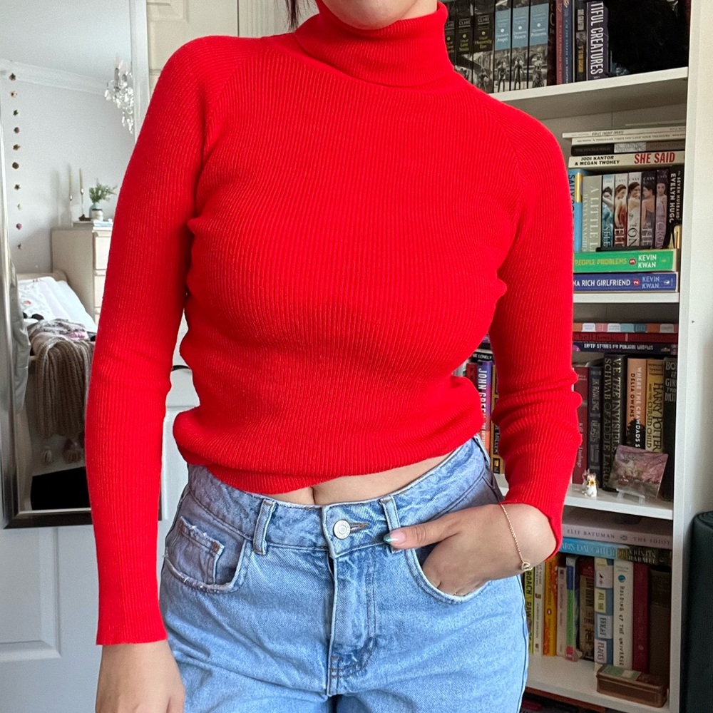 Vintage Bright Red Ribbed Turtleneck Sweater - Picture 2 of 4